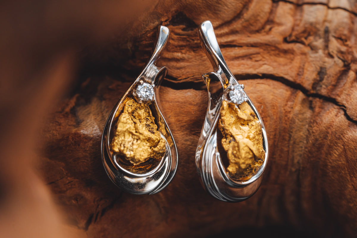 14k White Gold Alaskan Gold Nugget and Diamond Earrings