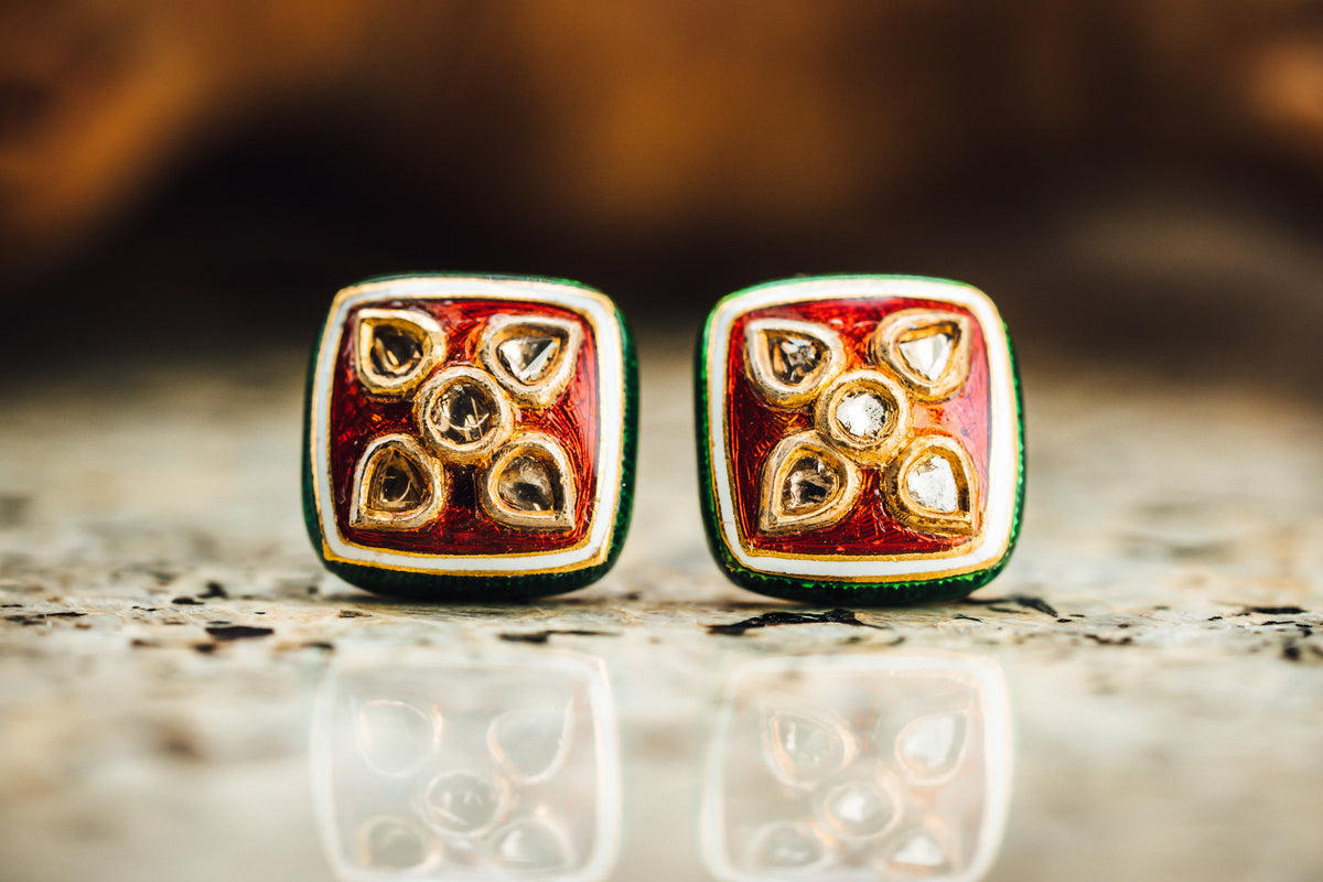 18k Yellow Gold Sliced Diamond and Enamel Coated Earrings