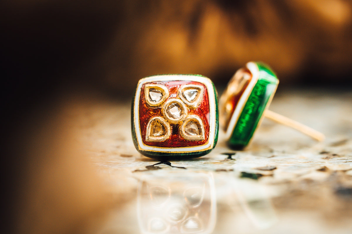 18k Yellow Gold Sliced Diamond and Enamel Coated Earrings