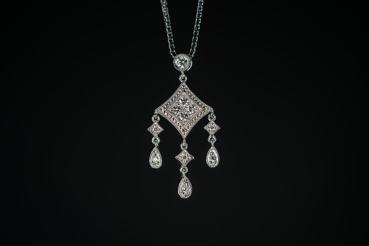 14k White Gold Diamond Chandelier Style Drop Pendant