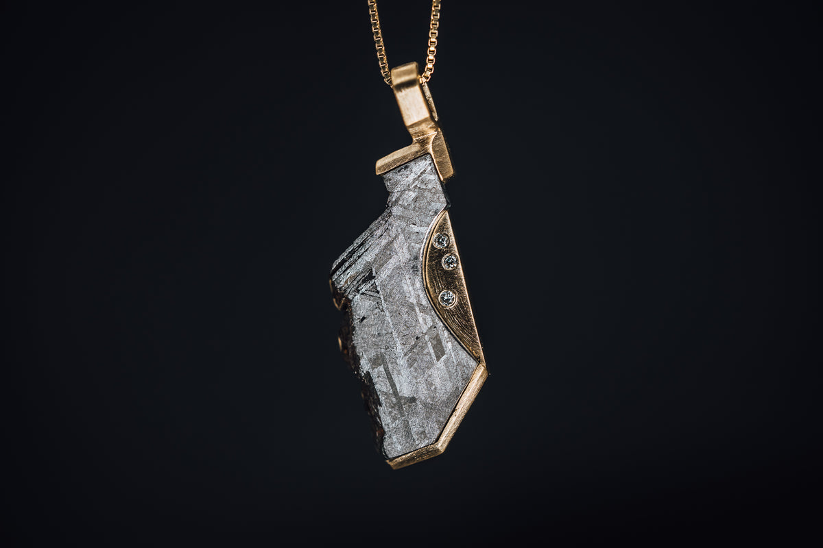 14k Yellow Gold Custom Meteorite and Diamond Pendant