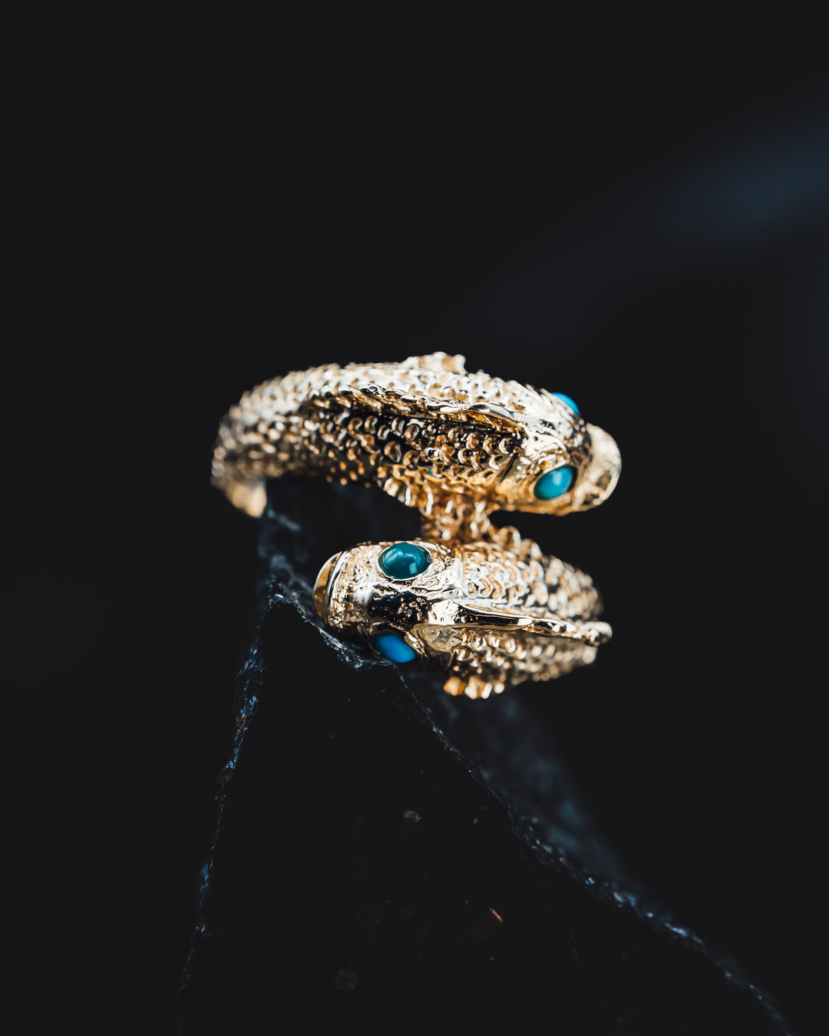 14k Yellow Gold Fish Ring with Turquoise Eyes