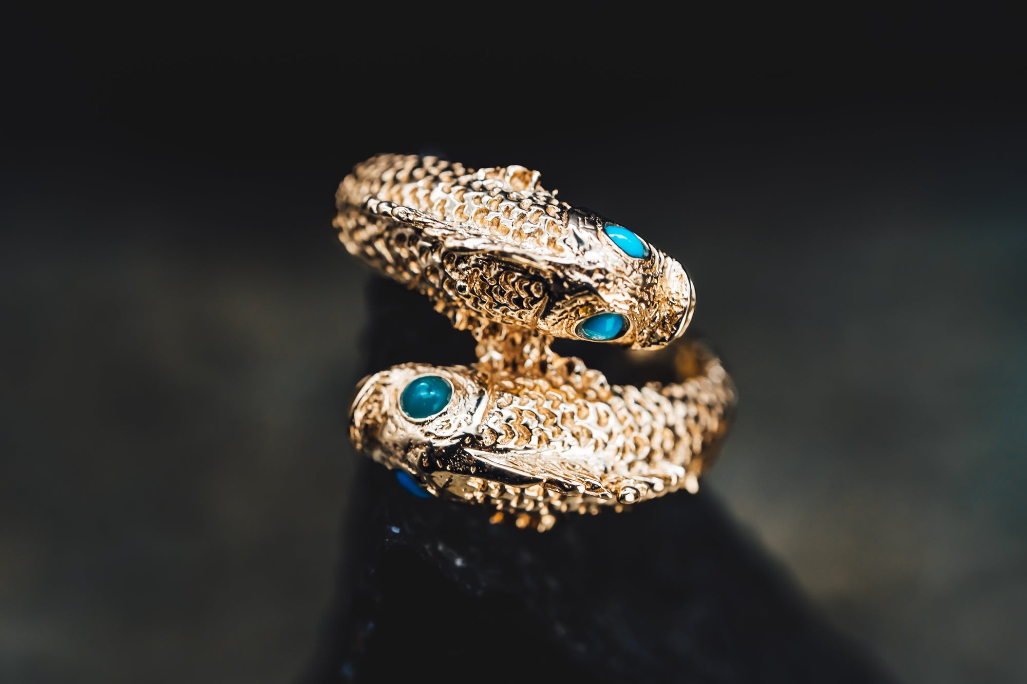 14k Yellow Gold Fish Ring with Turquoise Eyes