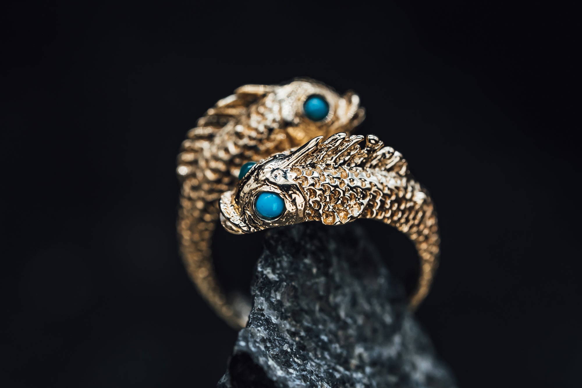 14k Yellow Gold Fish Ring with Turquoise Eyes