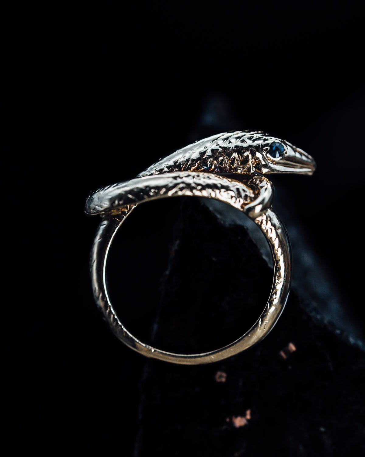14k Yellow Gold Snake Ring with Sapphire Eyes