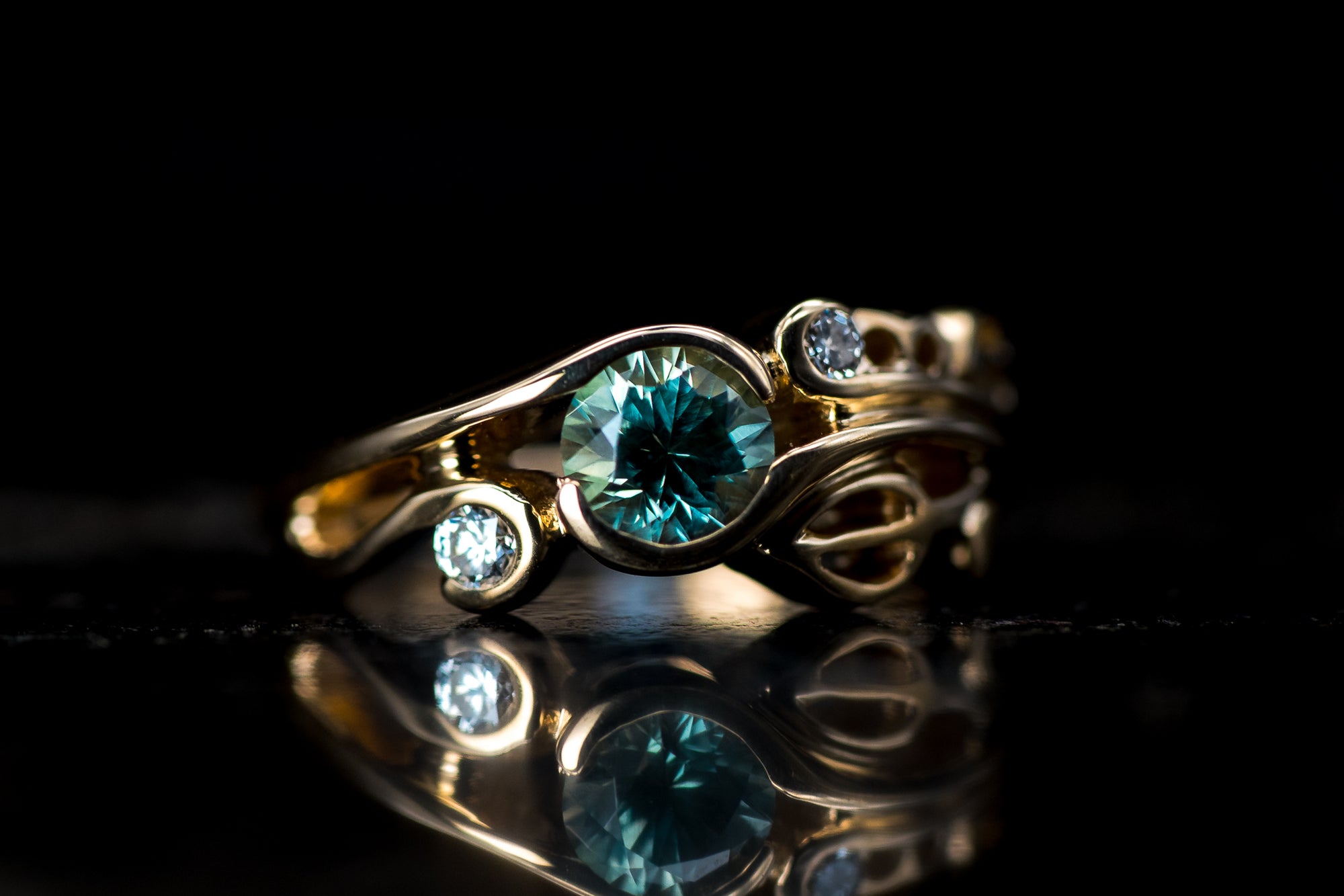 14k Yellow Gold Custom Montana Sapphire and Diamond Ring