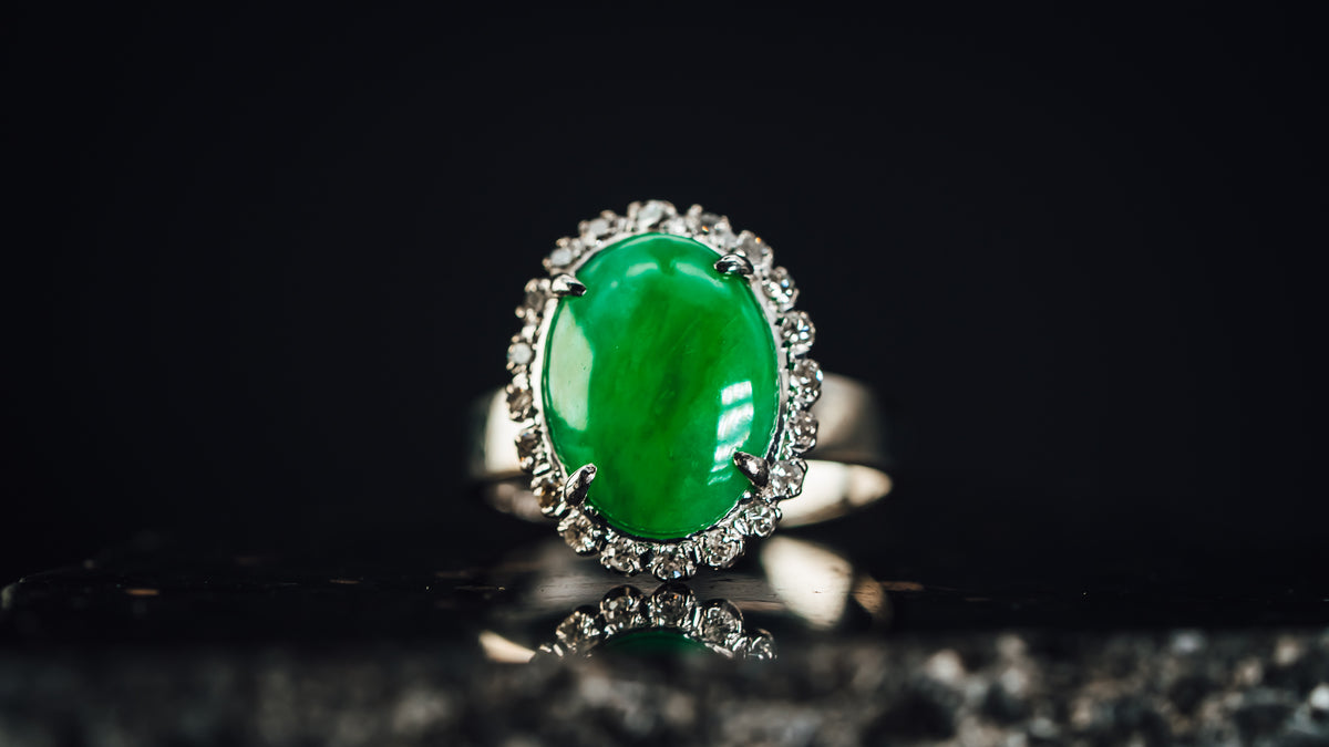 14k White Gold Jade and Diamond Ring