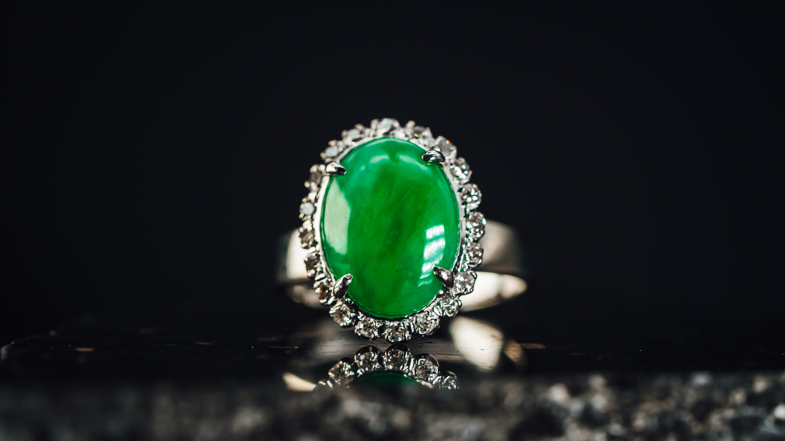14k White Gold Jade and Diamond Ring