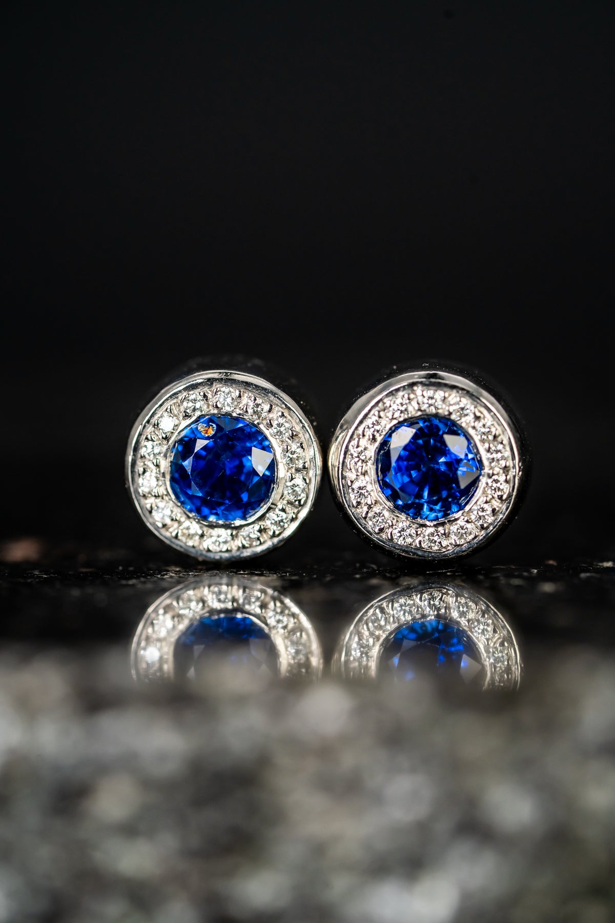 Platinum Blue Sapphire and Diamond Halo Stud Earrings