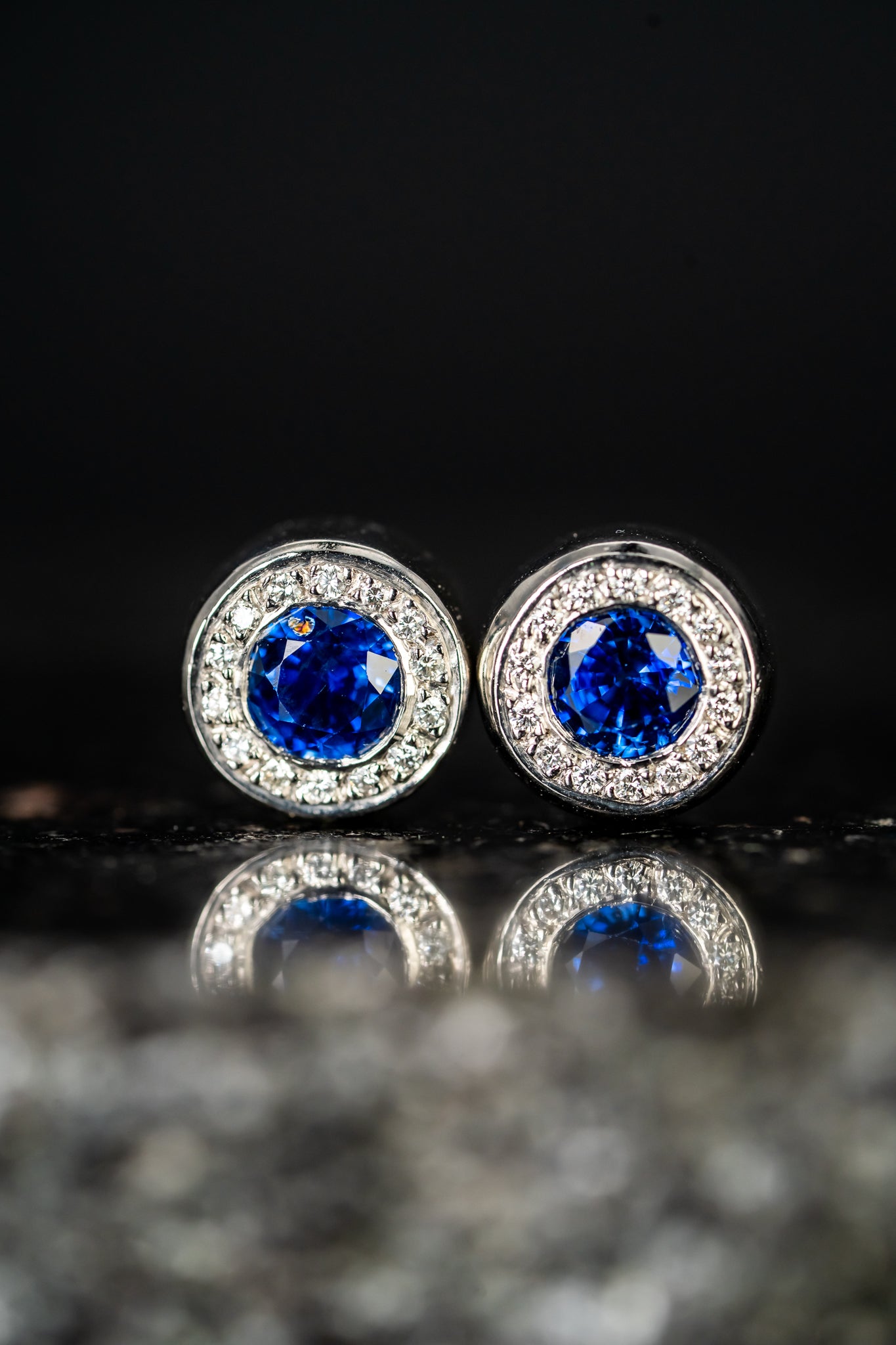 Platinum Blue Sapphire and Diamond Halo Stud Earrings