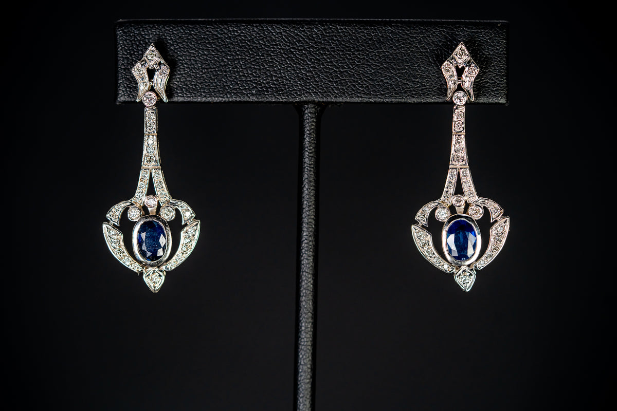 14k White Gold Sapphire and Diamond Drop Earrings