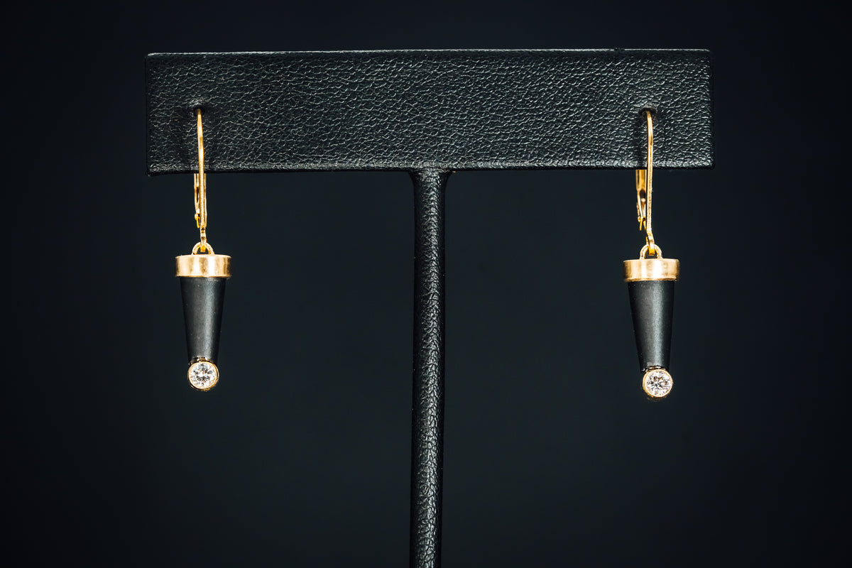 14k Yellow Gold Onyx and Diamond Earrings