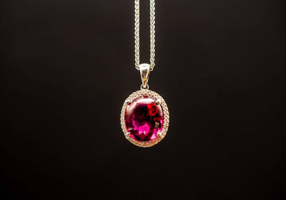 14k White Gold Pink Tourmaline and Diamond Pendant