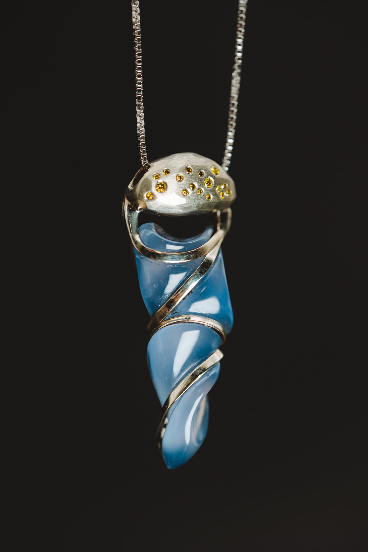 14k White Gold Chalcedony and Yellow Diamond Pendant