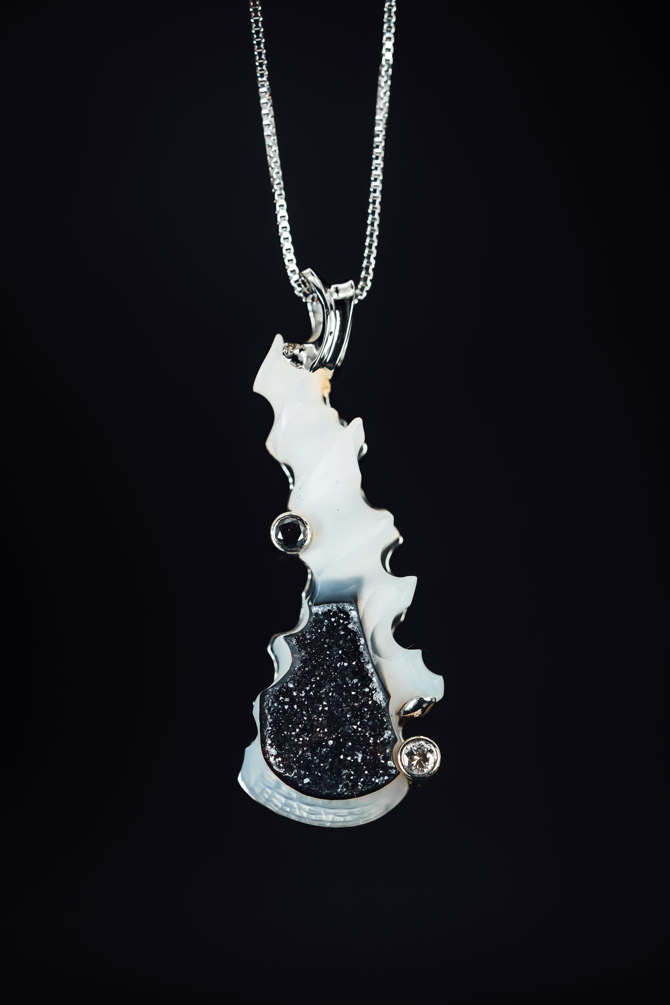 14k White Gold Druzy and Diamond Custom Pendant