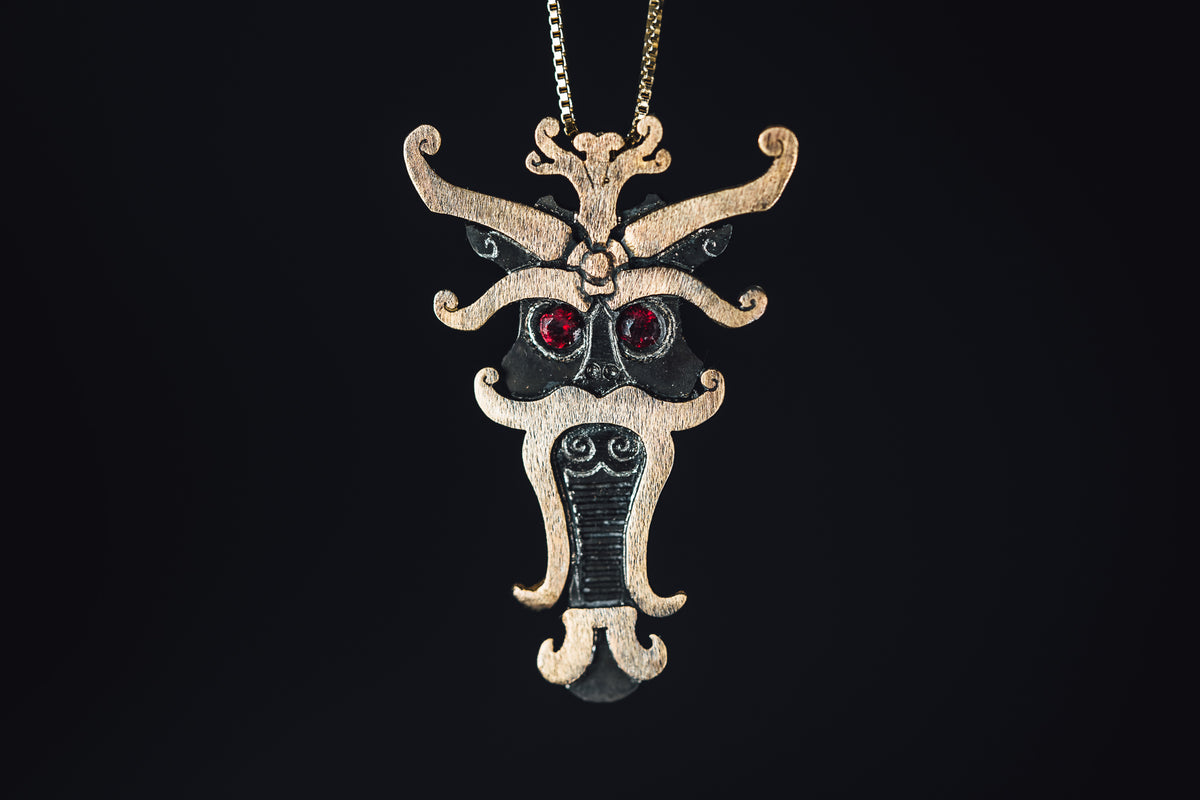 14k Brushed Yellow Gold and Oxidized Sterling Silver Pendant w/Ruby Eyes