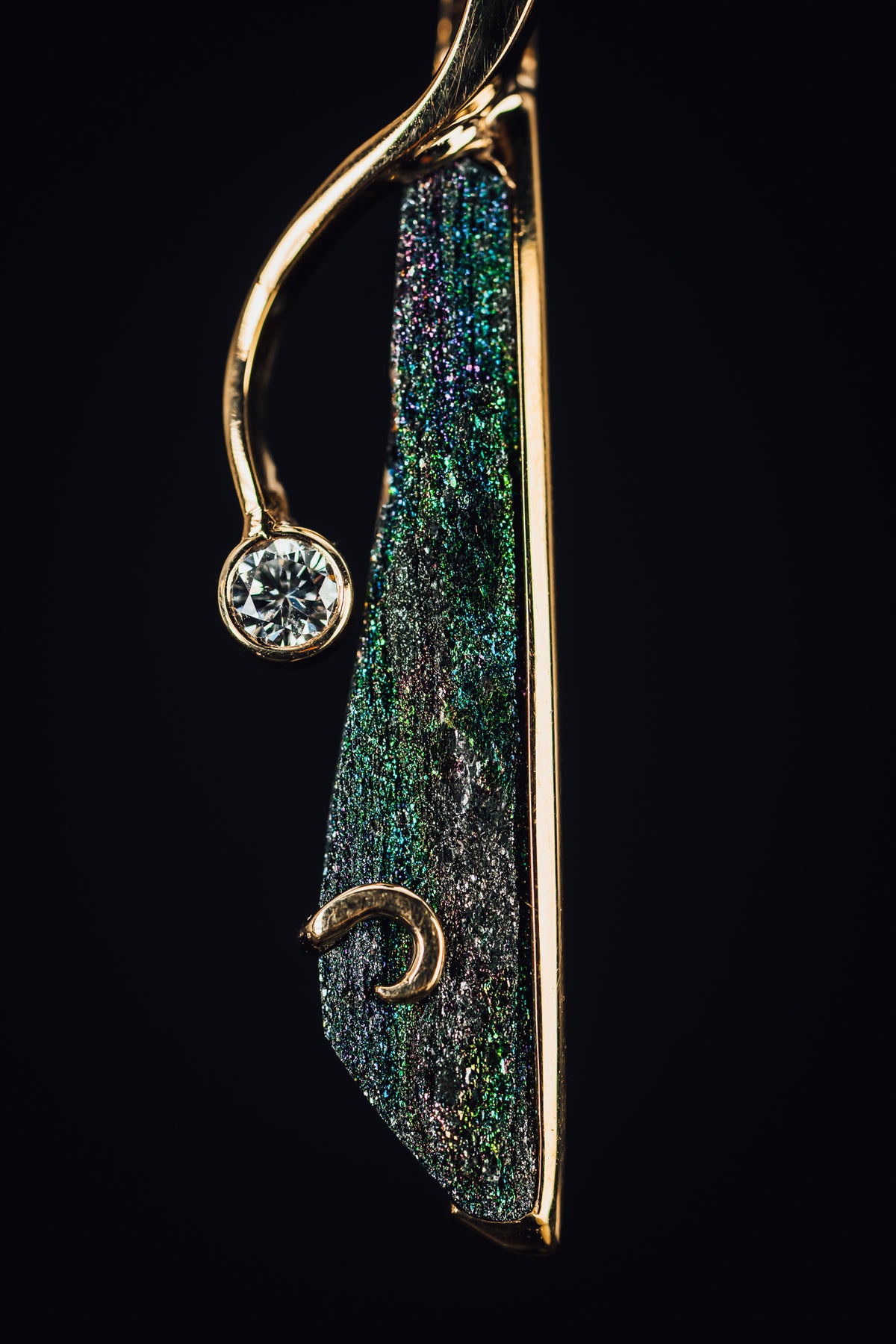 14k Yellow Gold Rainbow Hematite and Diamond Pendant