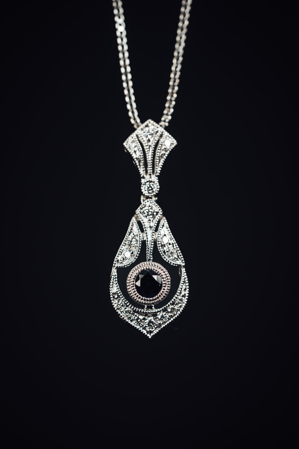 14k White Gold Vintage Style Sapphire and Diamond Pendant