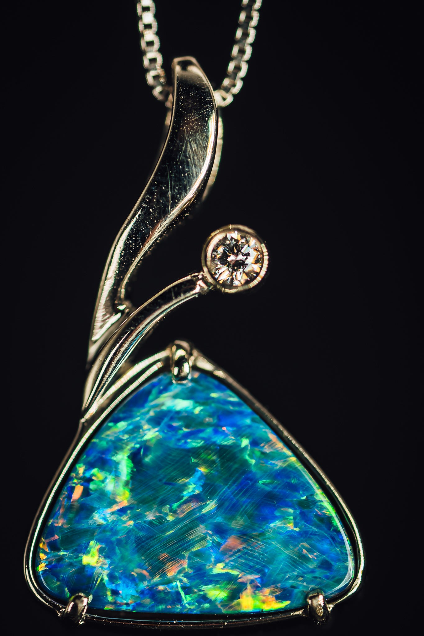 14k White Gold Custom Australian Opal and Diamond Pendant