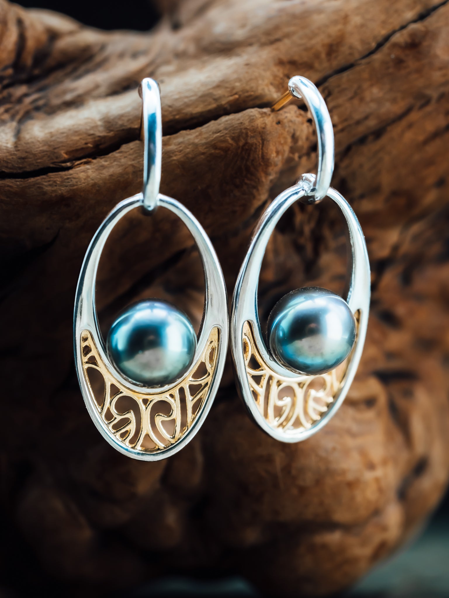 Sterling Silver and 18k Yellow Gold Tahitian Pearl Drop Earrings