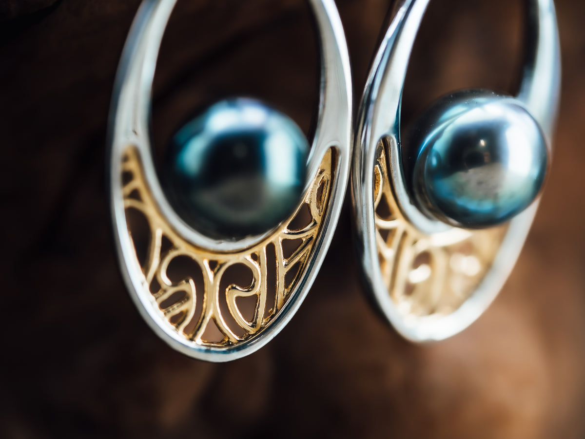 Sterling Silver and 18k Yellow Gold Tahitian Pearl Drop Earrings