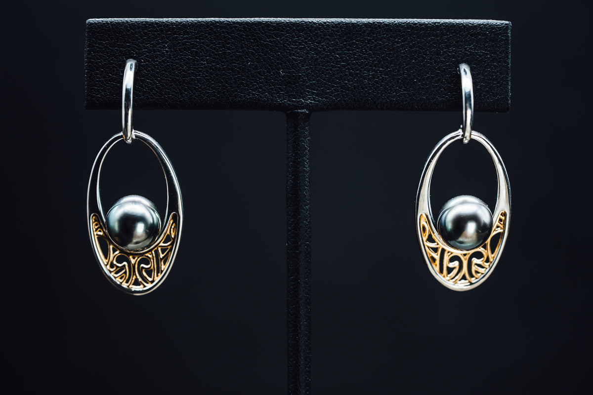 Sterling Silver and 18k Yellow Gold Tahitian Pearl Drop Earrings
