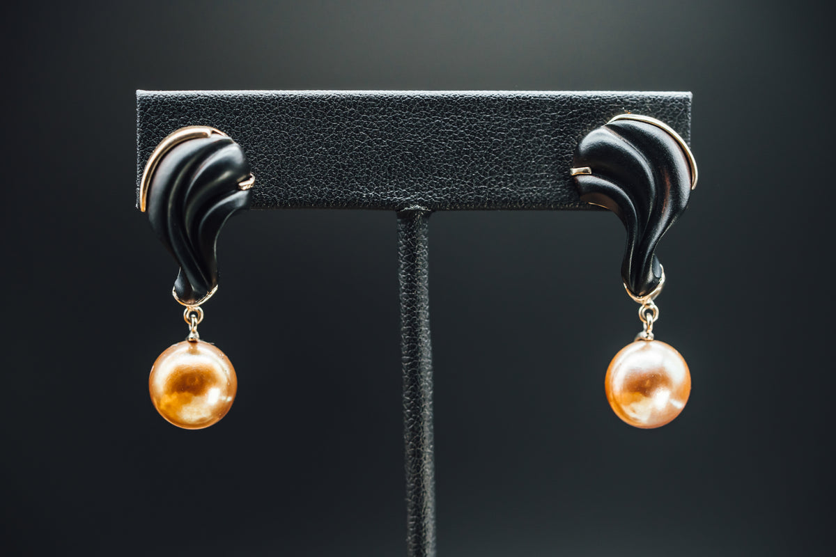 14k White Gold Onyx and Pearl Drop Earrrings