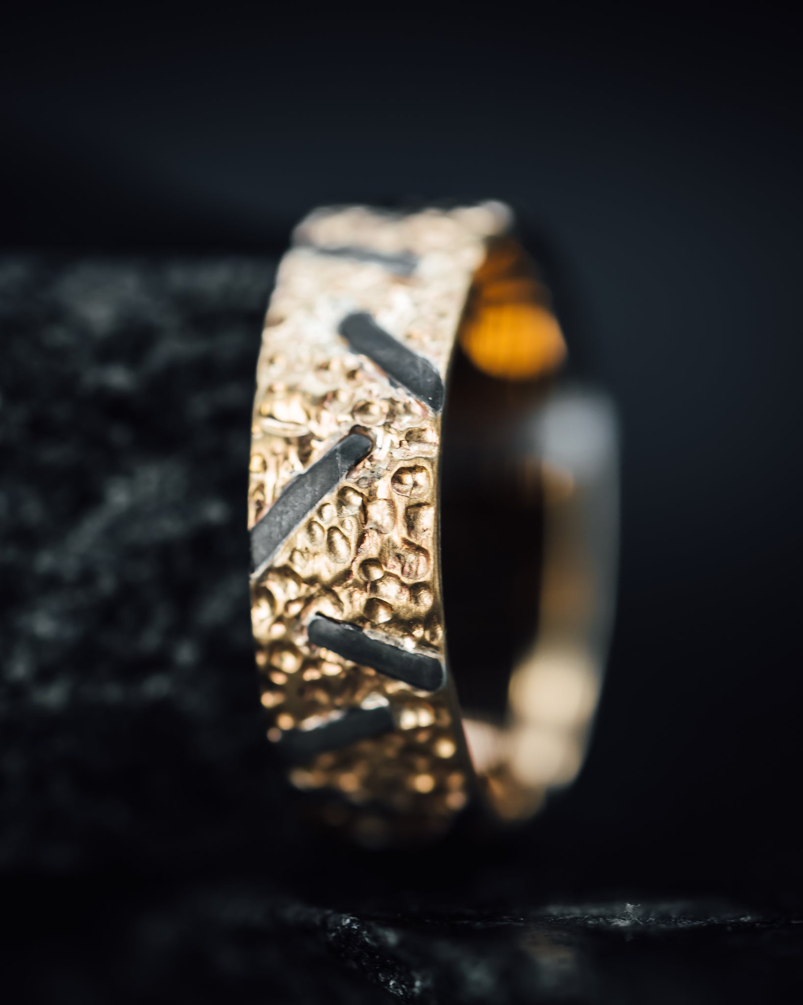 14k Yellow Gold and Oxidized Silver Textured Band