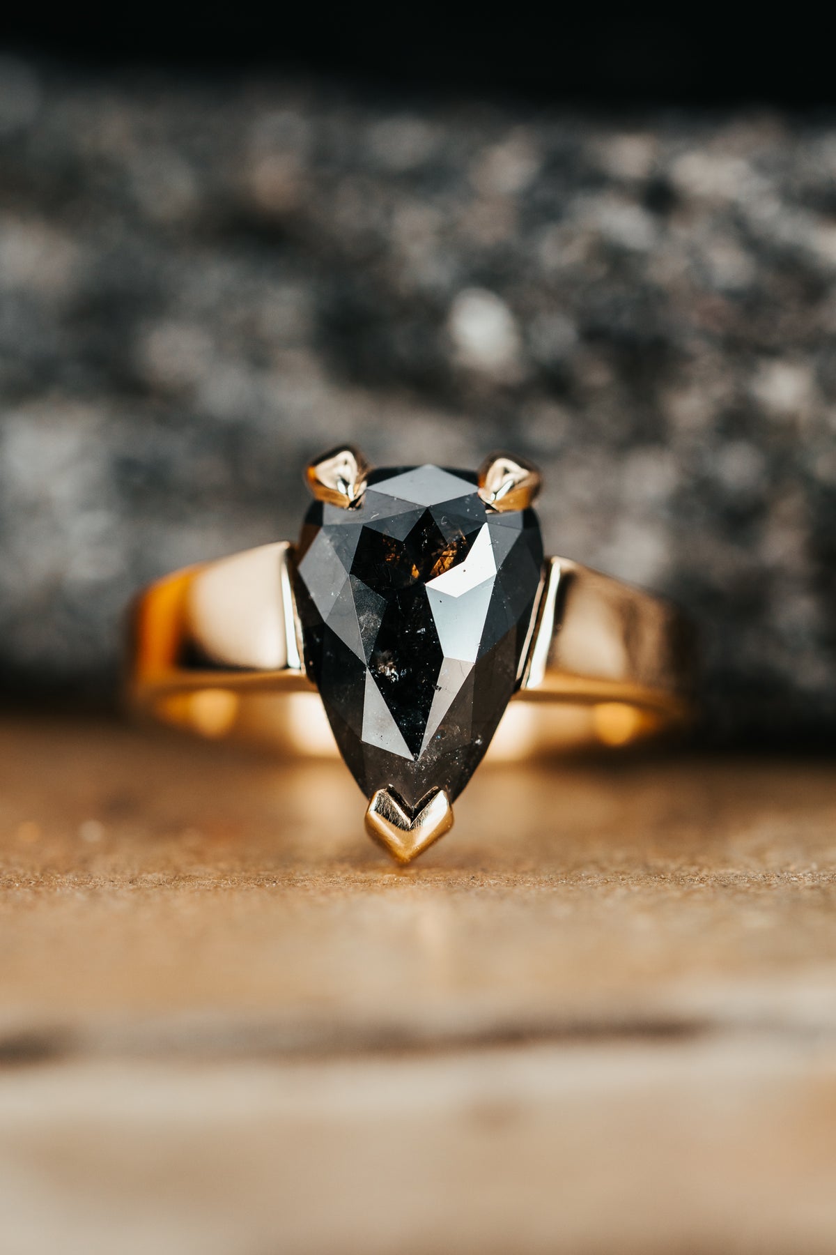 14k Yellow Gold Faceted Pear Shape Black Diamond Ring