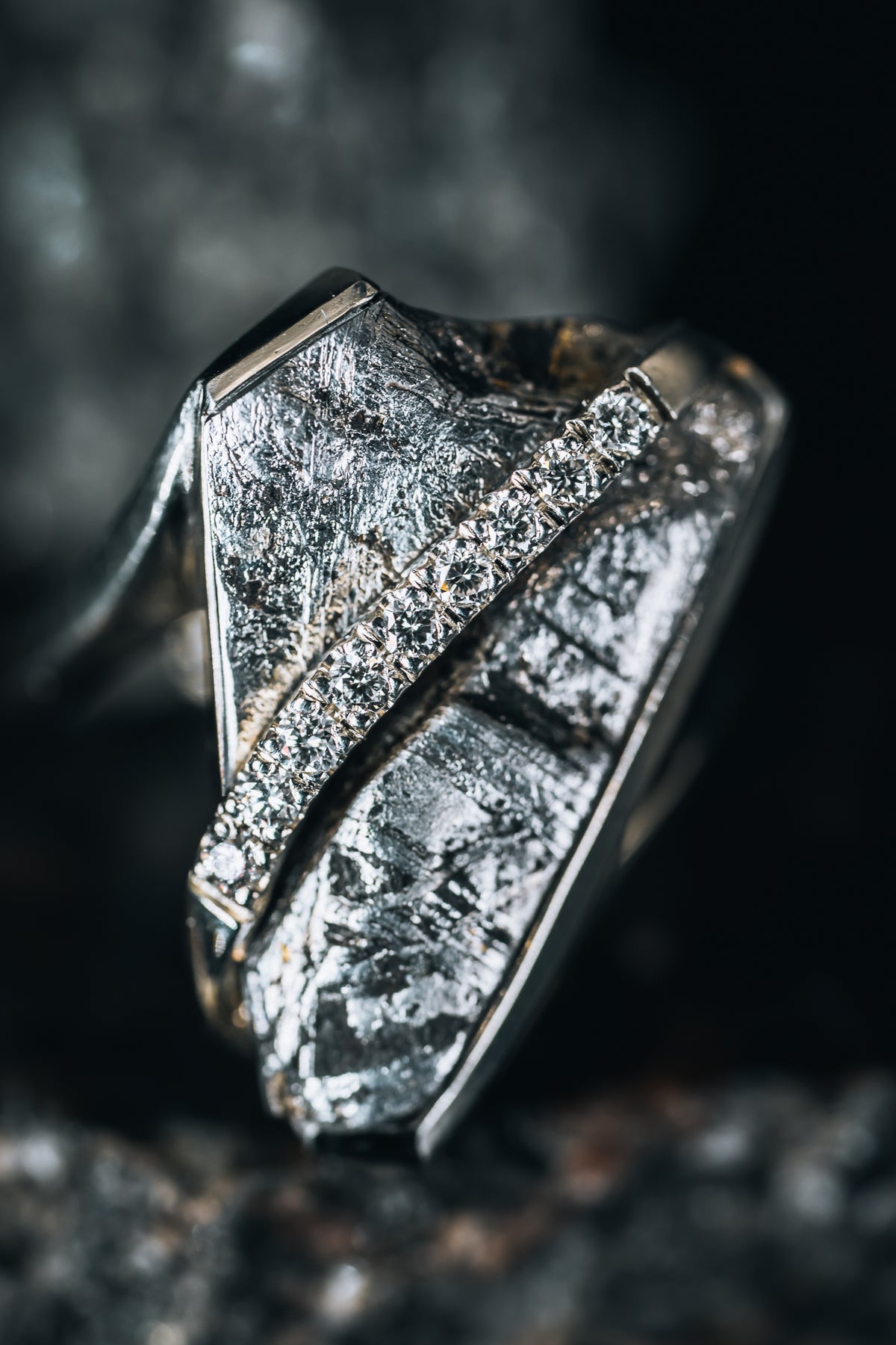 14k White Gold Meteorite and Diamond Ring