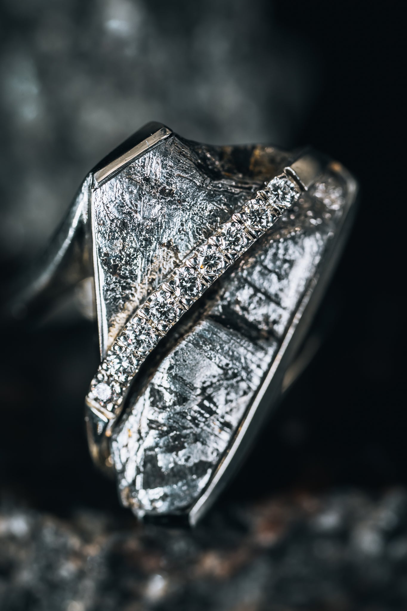 14k White Gold Meteorite and Diamond Ring