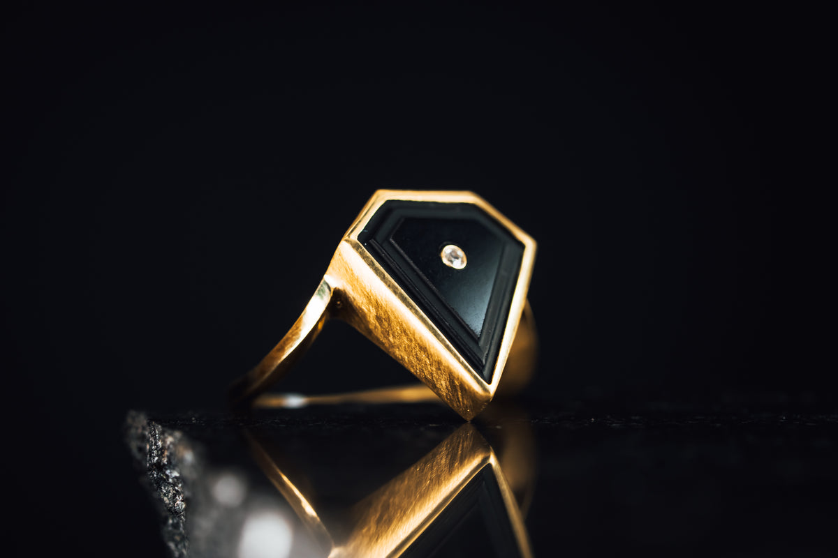 14k Yellow Gold Onyx and Diamond Ring