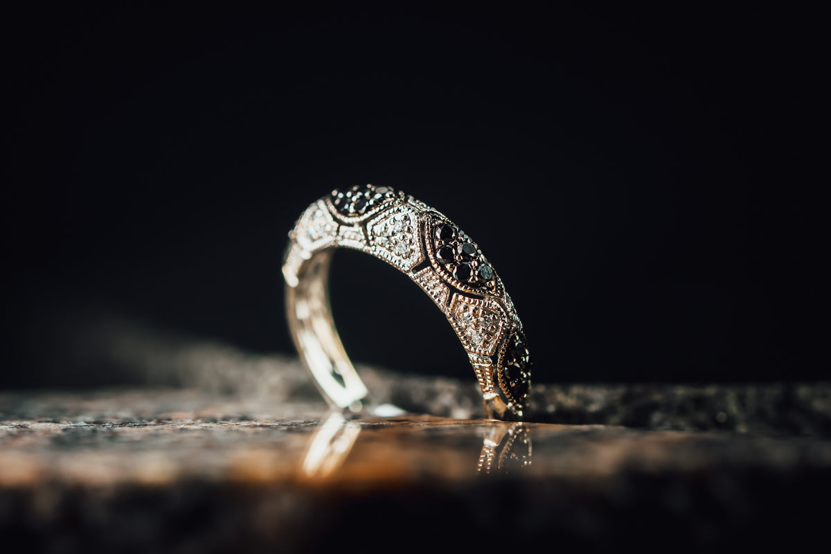 14k White Gold Black and White Pave&#39; Diamond Ring