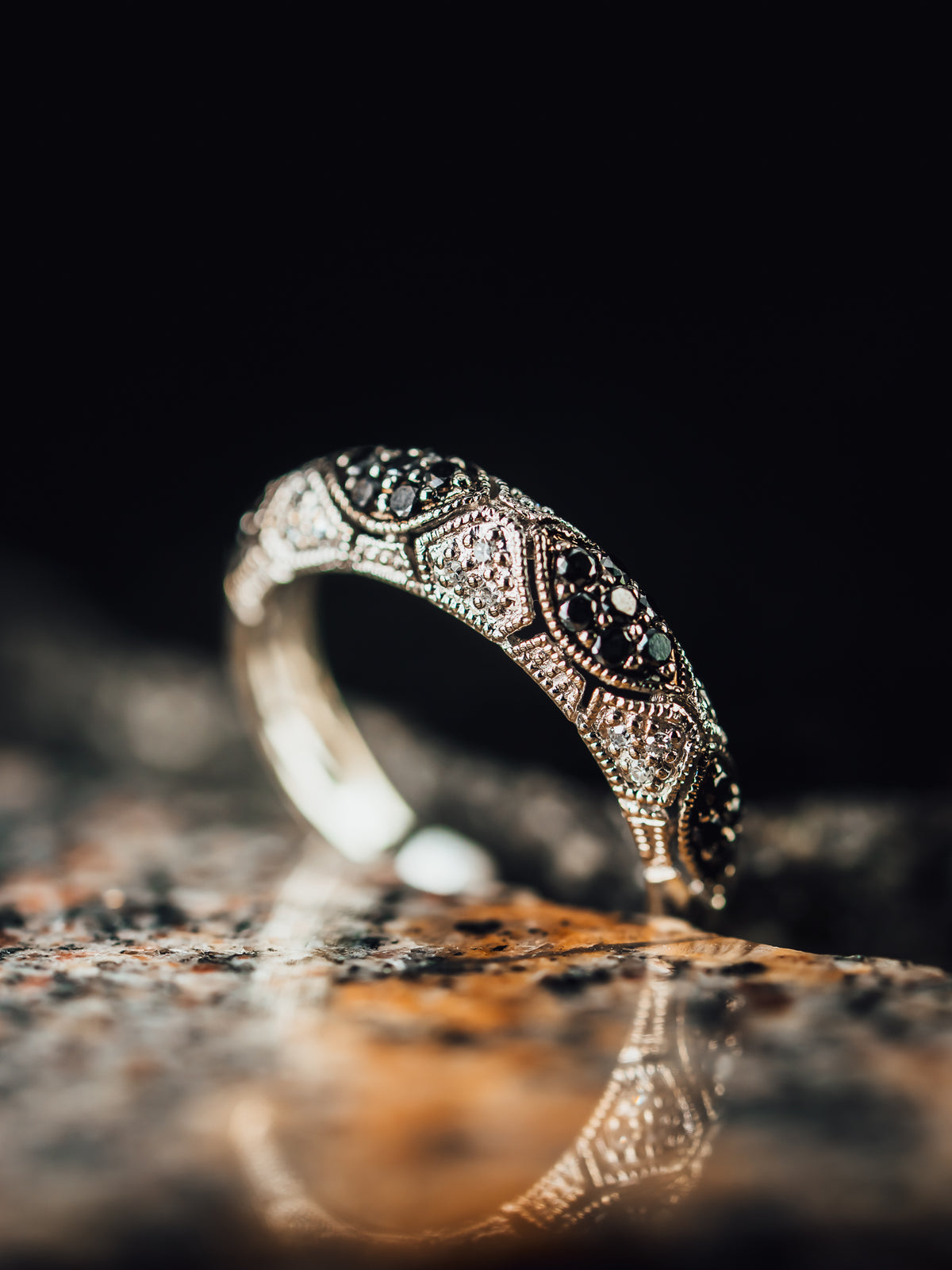 14k White Gold Black and White Pave&#39; Diamond Ring