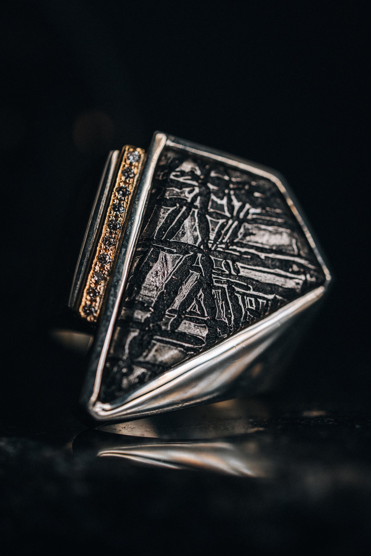 Sterling Silver Men's Meteorite and Diamond Ring