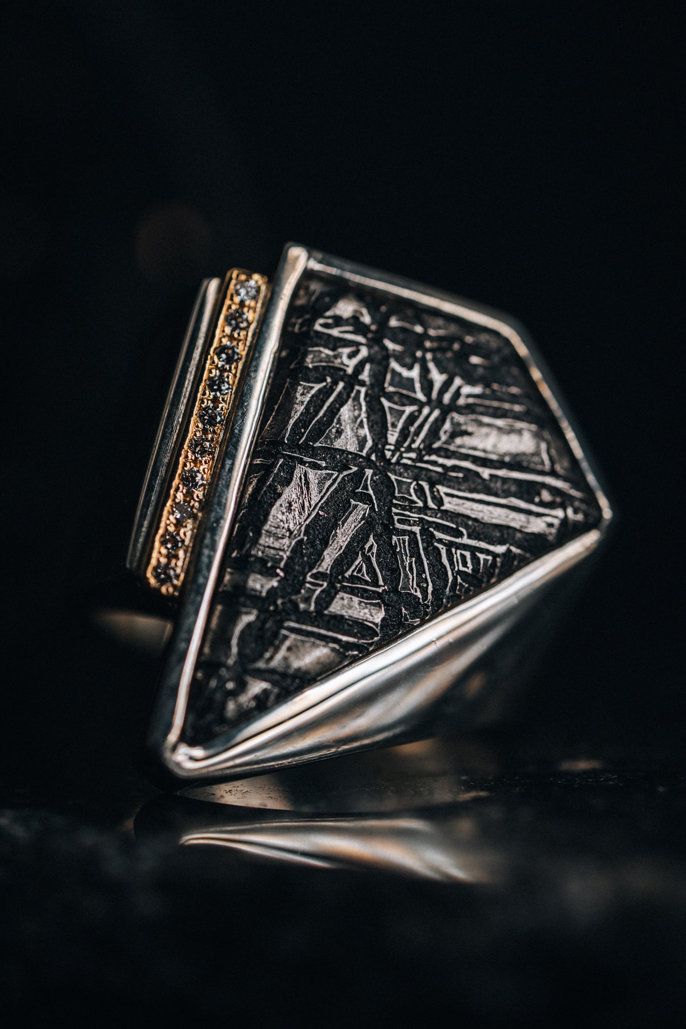 Sterling Silver Men's Meteorite and Diamond Ring