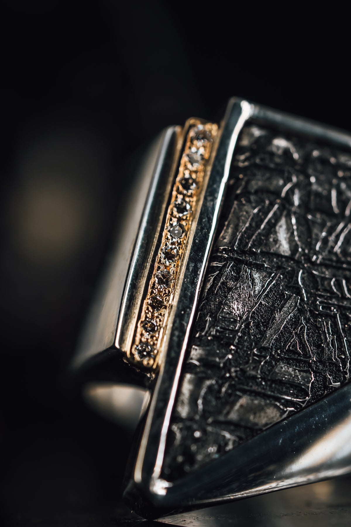 Sterling Silver Men's Meteorite and Diamond Ring