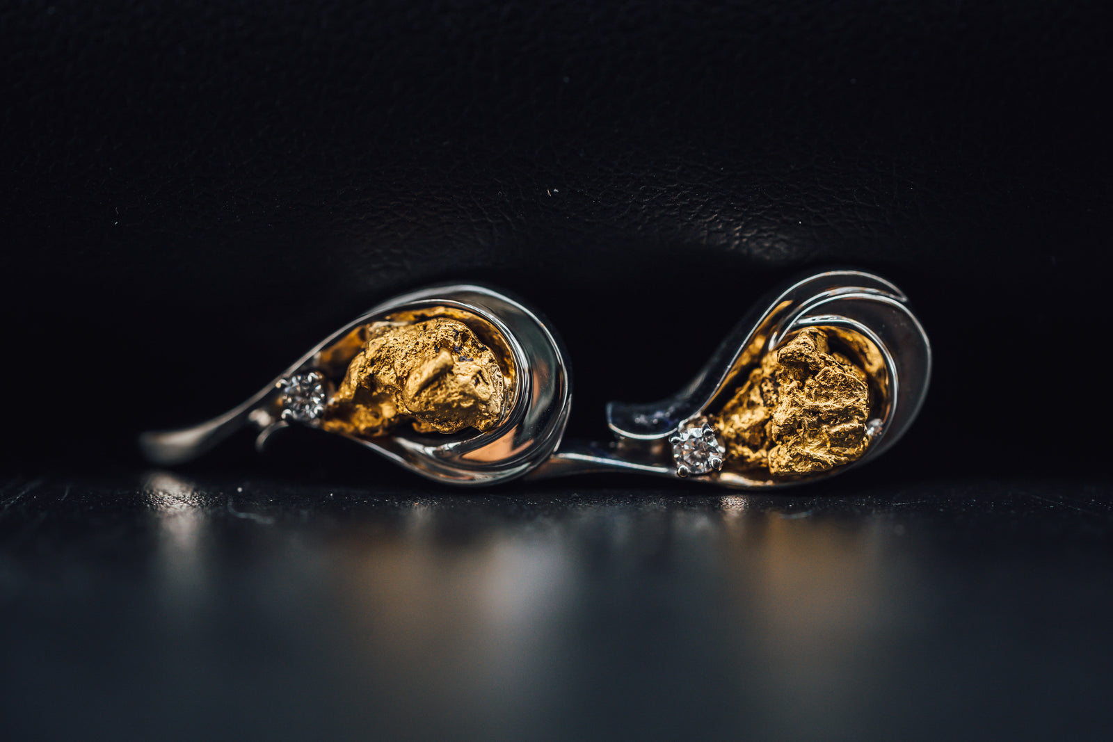 14k White Gold Alaskan Gold Nugget and Diamond Earrings