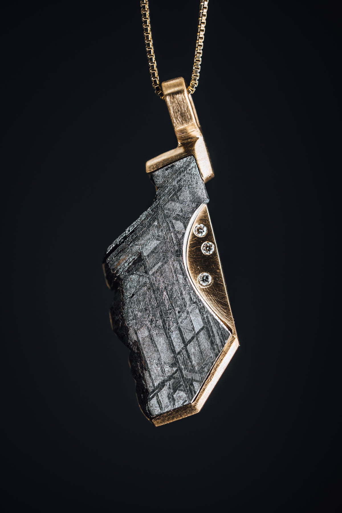 14k Yellow Gold Custom Meteorite and Diamond Pendant