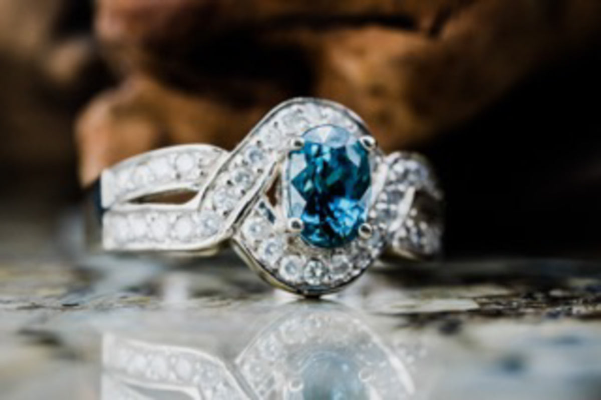14k White Gold Blue Zircon and Diamond Ring