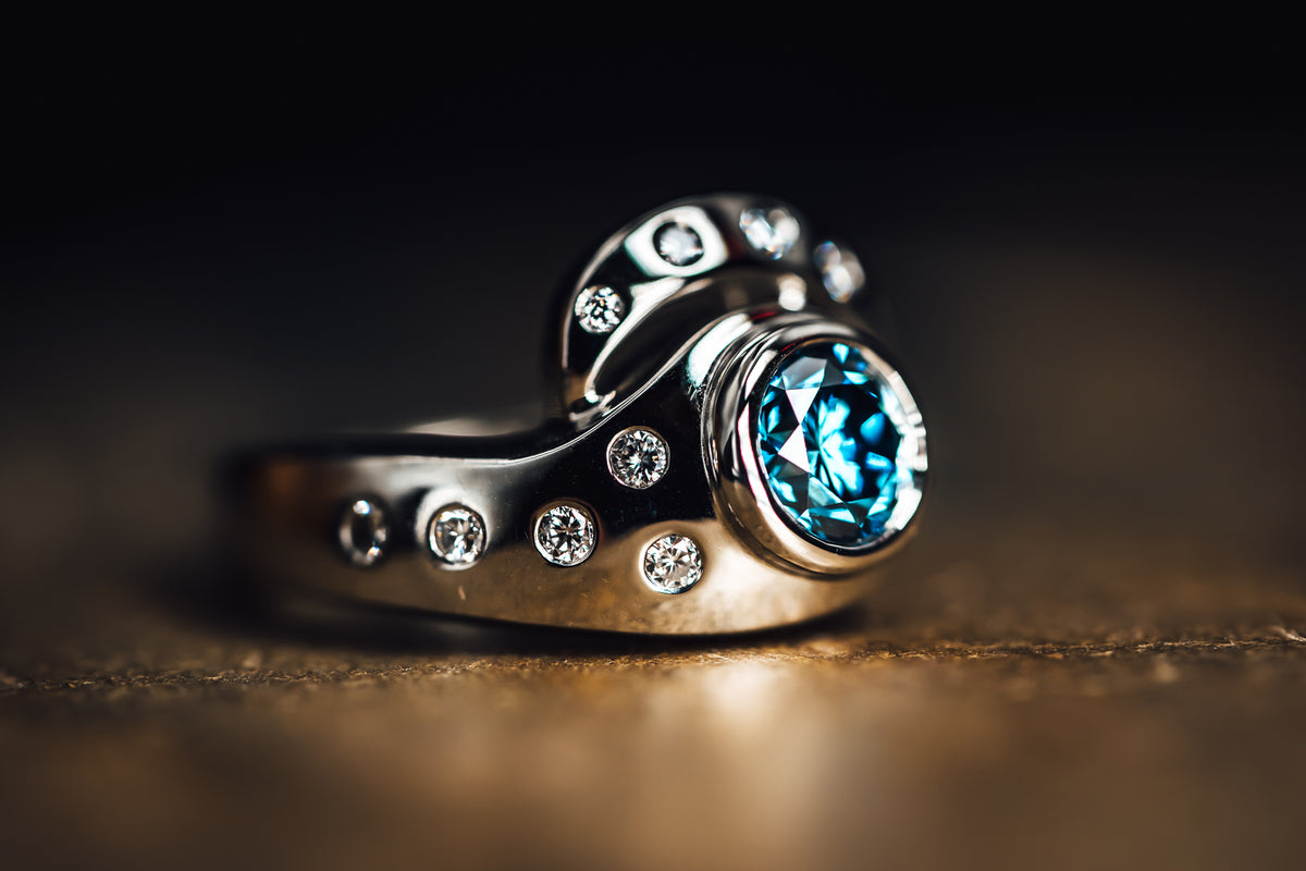 14k White Gold Lab Grown Blue Diamond Ring