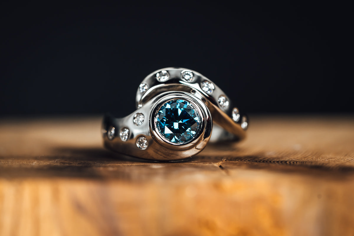 14k White Gold Lab Grown Blue Diamond Ring