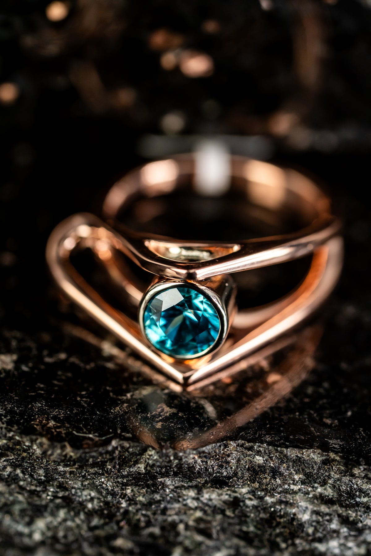 14k Rose Gold Blue Zircon Ring