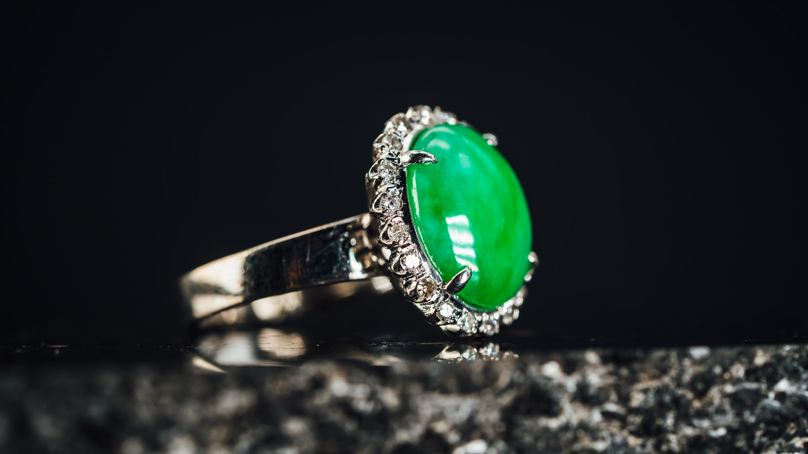 14k White Gold Jade and Diamond Ring
