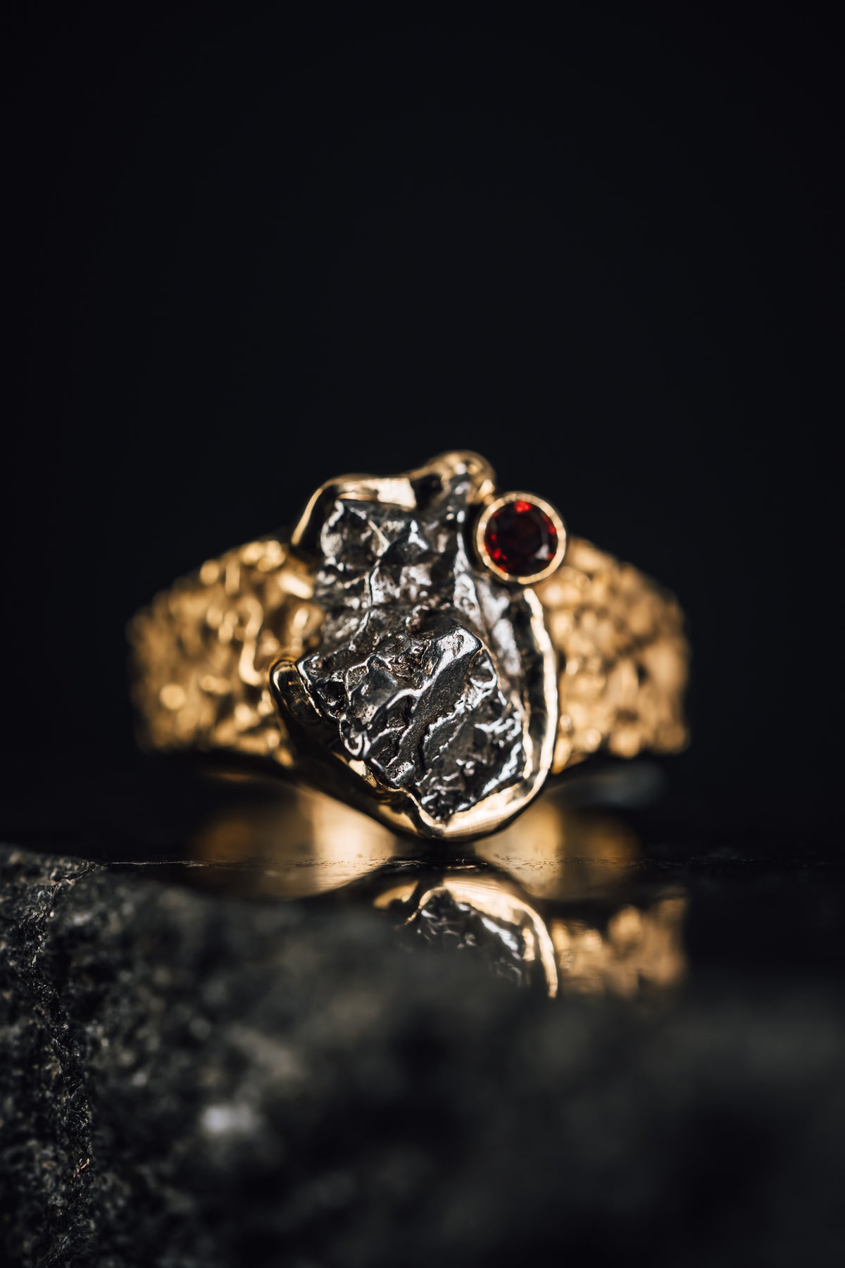 14k Yellow Gold Men's Meteorite and Garnet Ring