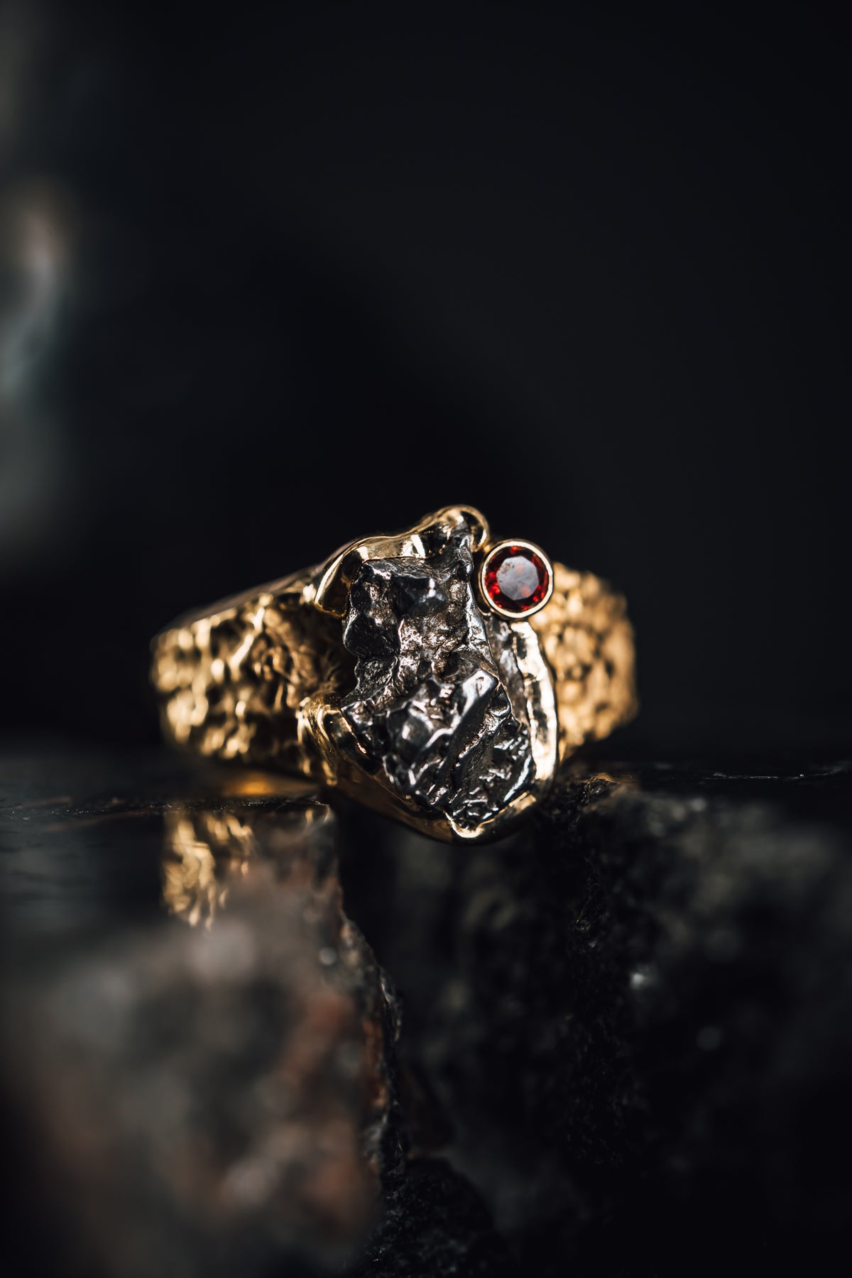 14k Yellow Gold Men's Meteorite and Garnet Ring
