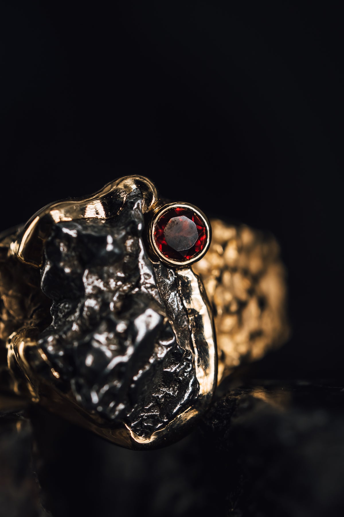 14k Yellow Gold Men's Meteorite and Garnet Ring