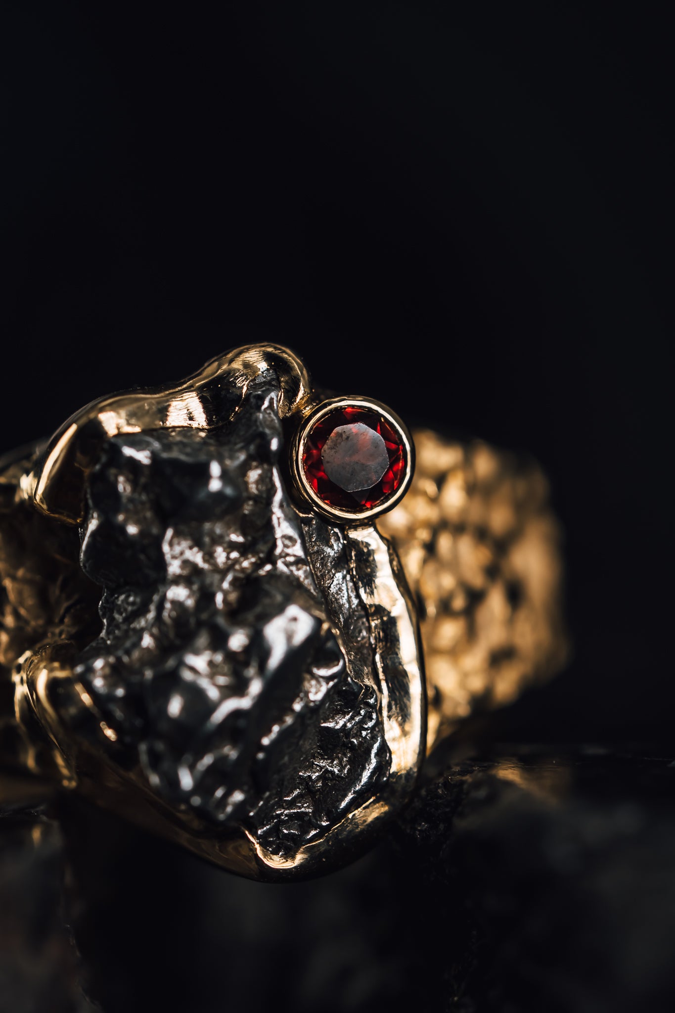 14k Yellow Gold Men's Meteorite and Garnet Ring