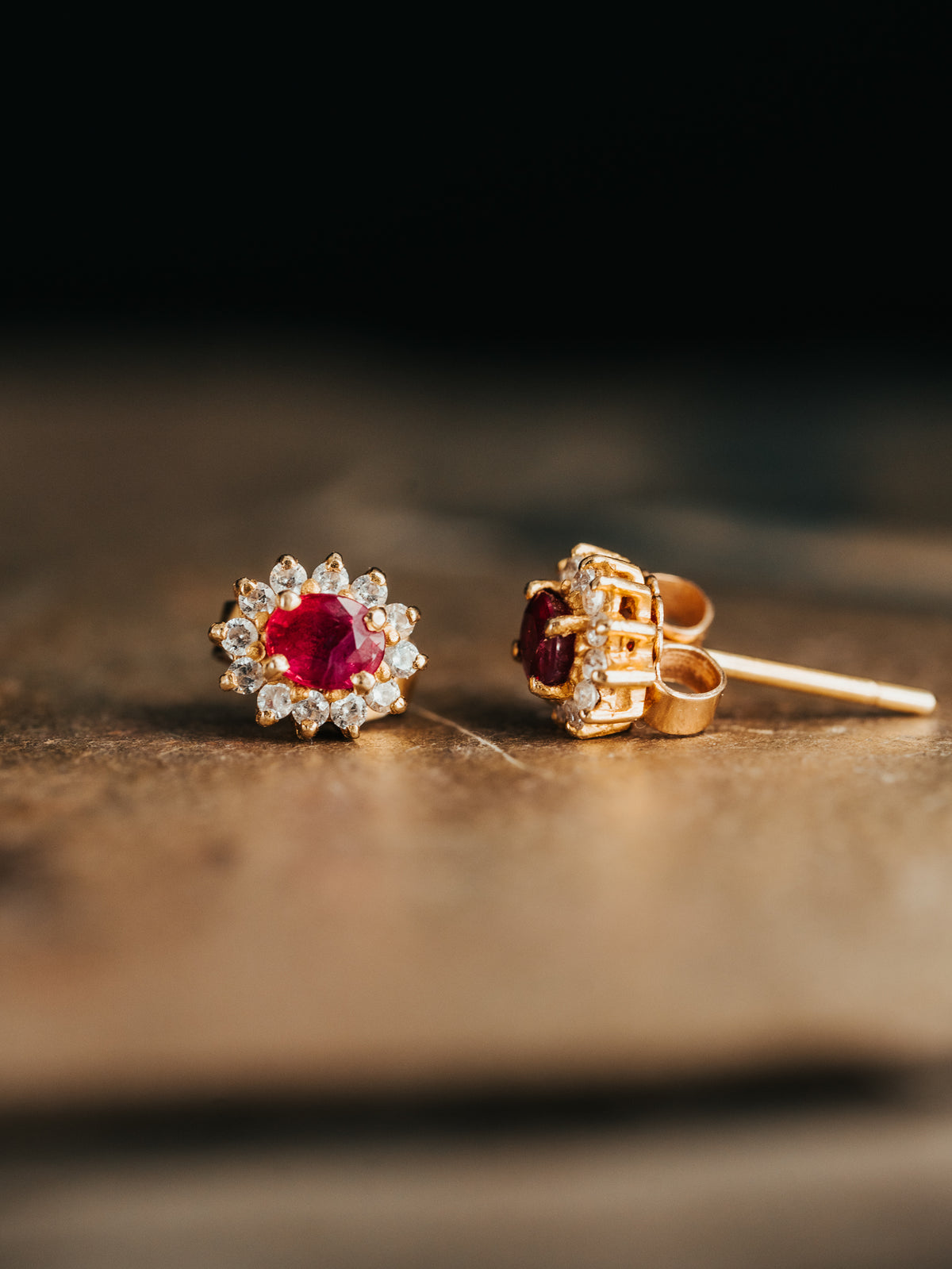 14k Yellow Gold Ruby and Diamond Halo Earrings
