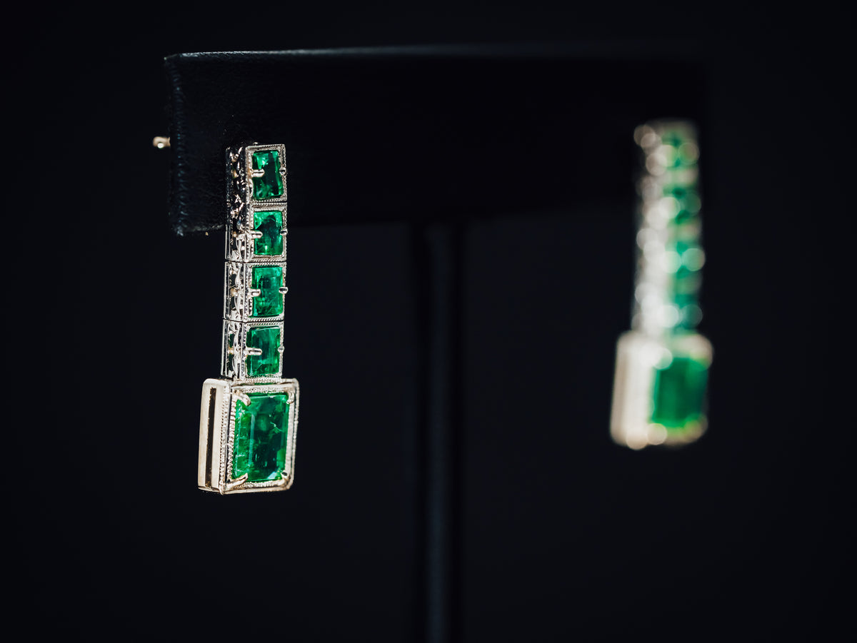 14k White Gold Emerald Drop Earrings